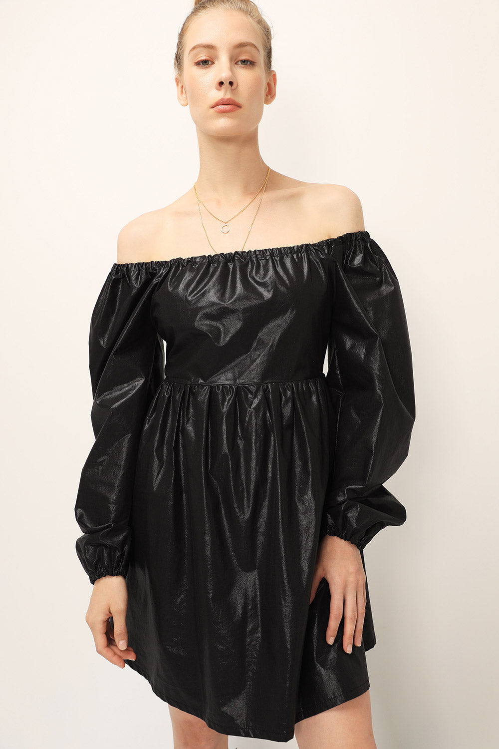 black babydoll dress puff sleeve Joy Coated Babydoll Dress | Women's Dresses