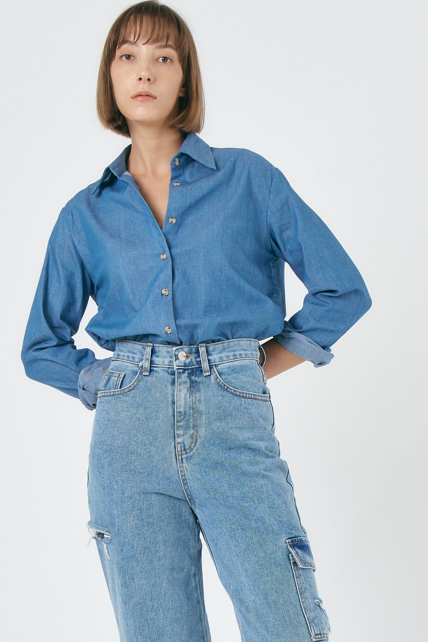 storets.com Luna Ruched Denim Shirt