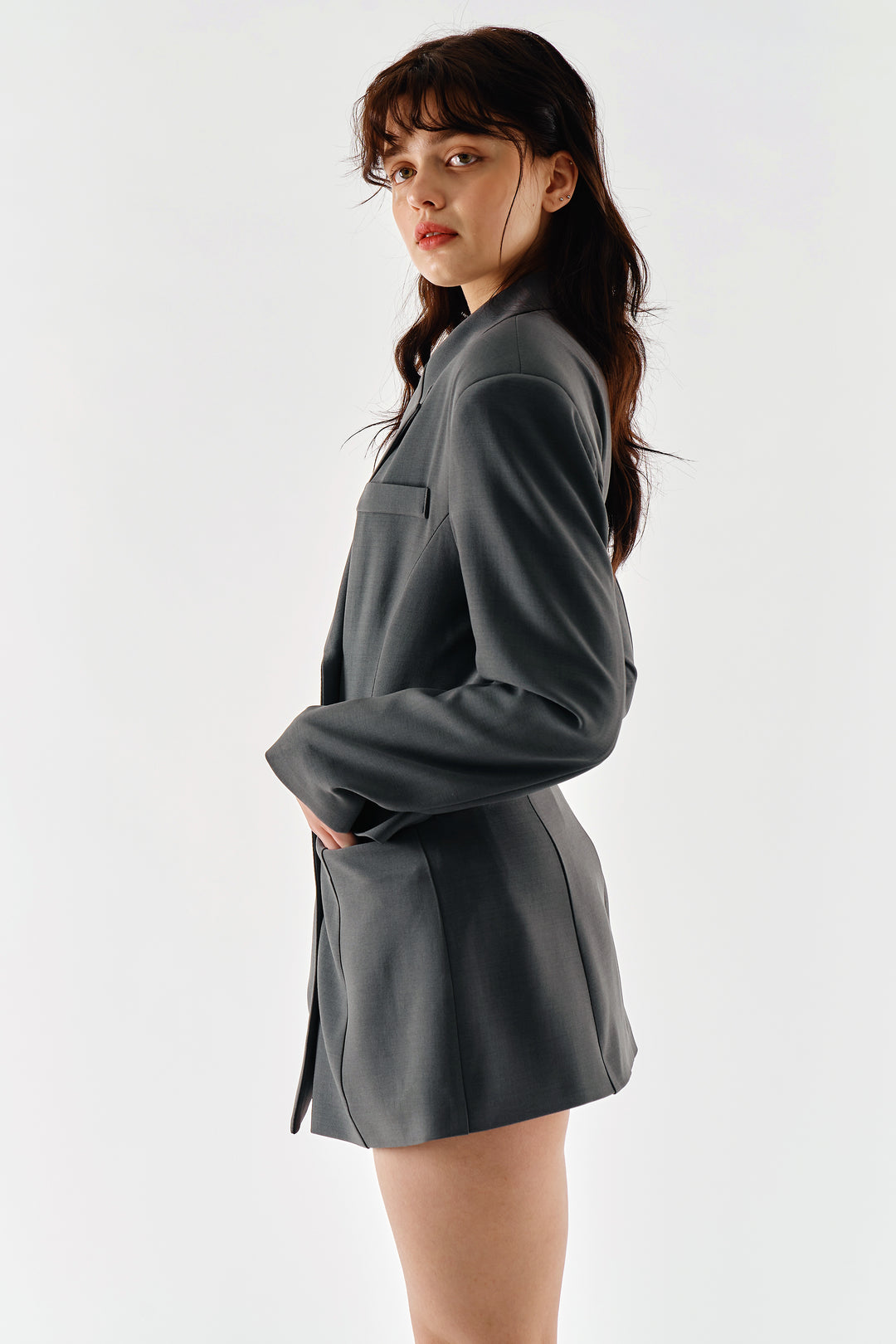 tailored grey dress Plunge Neck Tailored Pleated Mini Dress In Grey | EGO US