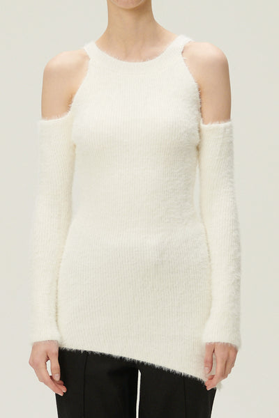 storets.com Leyla Cold Shoulder Fuzzy Sweater