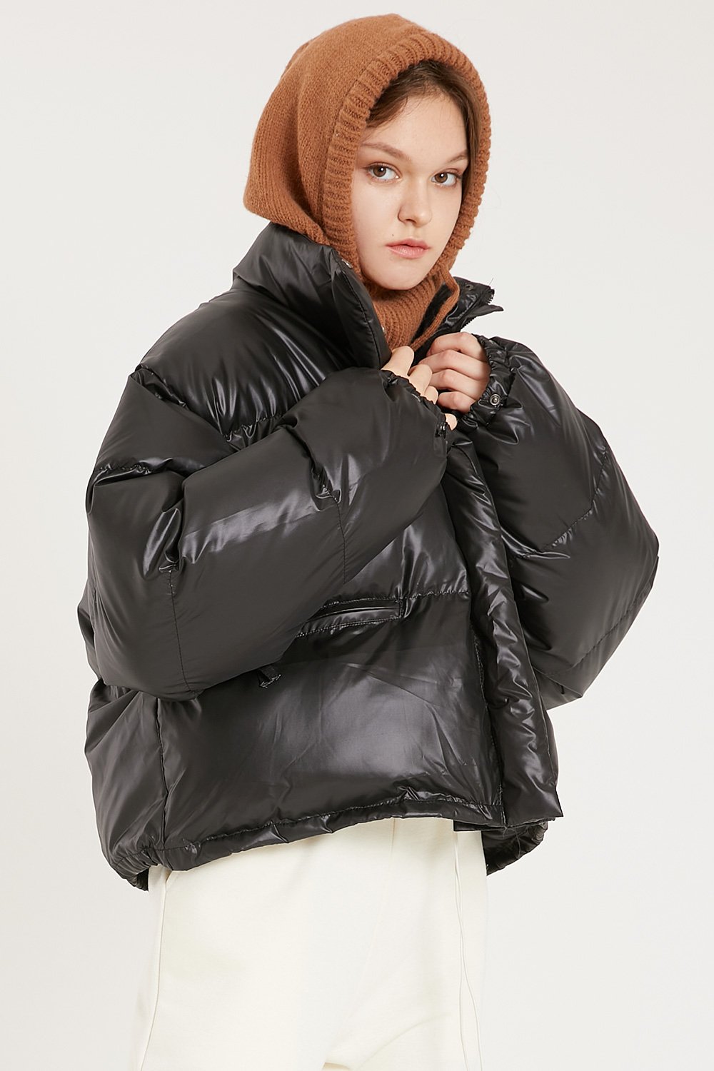 Pull&Bear cropped faux leather puffer jacket in black