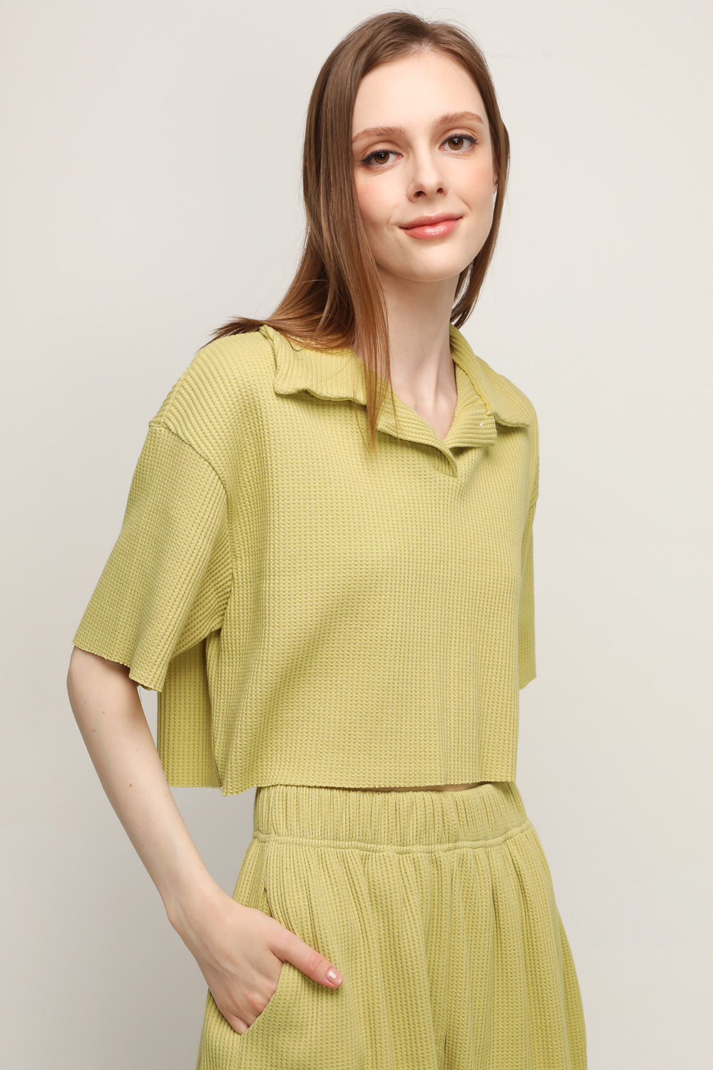 storets.com Lucy Waffle Half Button Crop Top