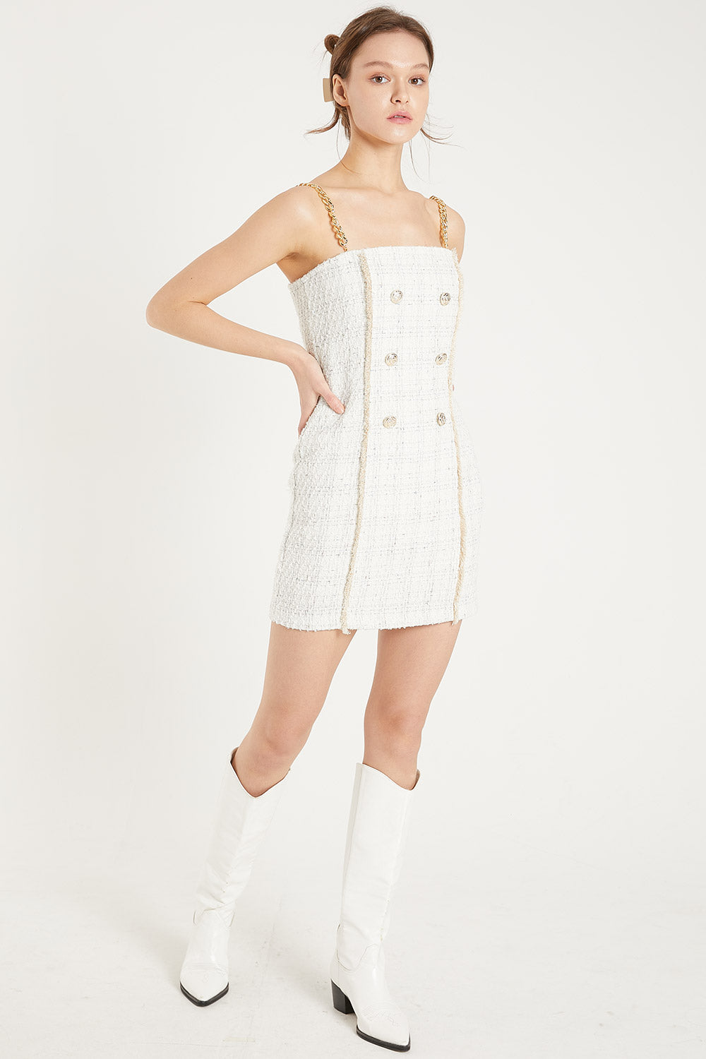 storets.com Vivi Tweed Mini Dress with Gold Chain